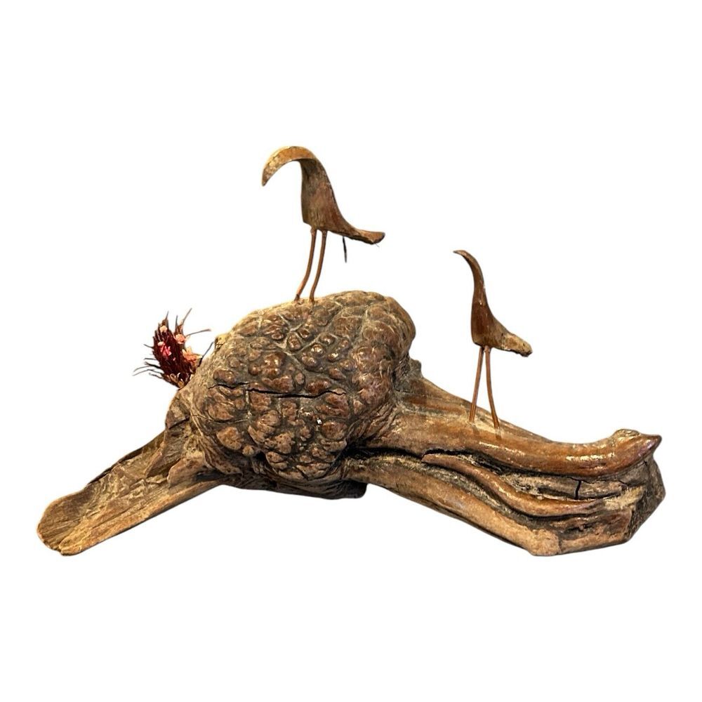 Vtg Burl Wood Driftwood Art Statue Pinecone Birds‎ Copper Wire Legs Decor